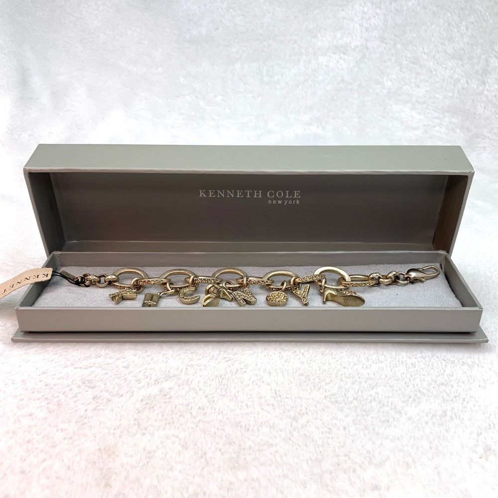 Kenneth Cole Pave Charm Bracelet Gold Tone Chain Link